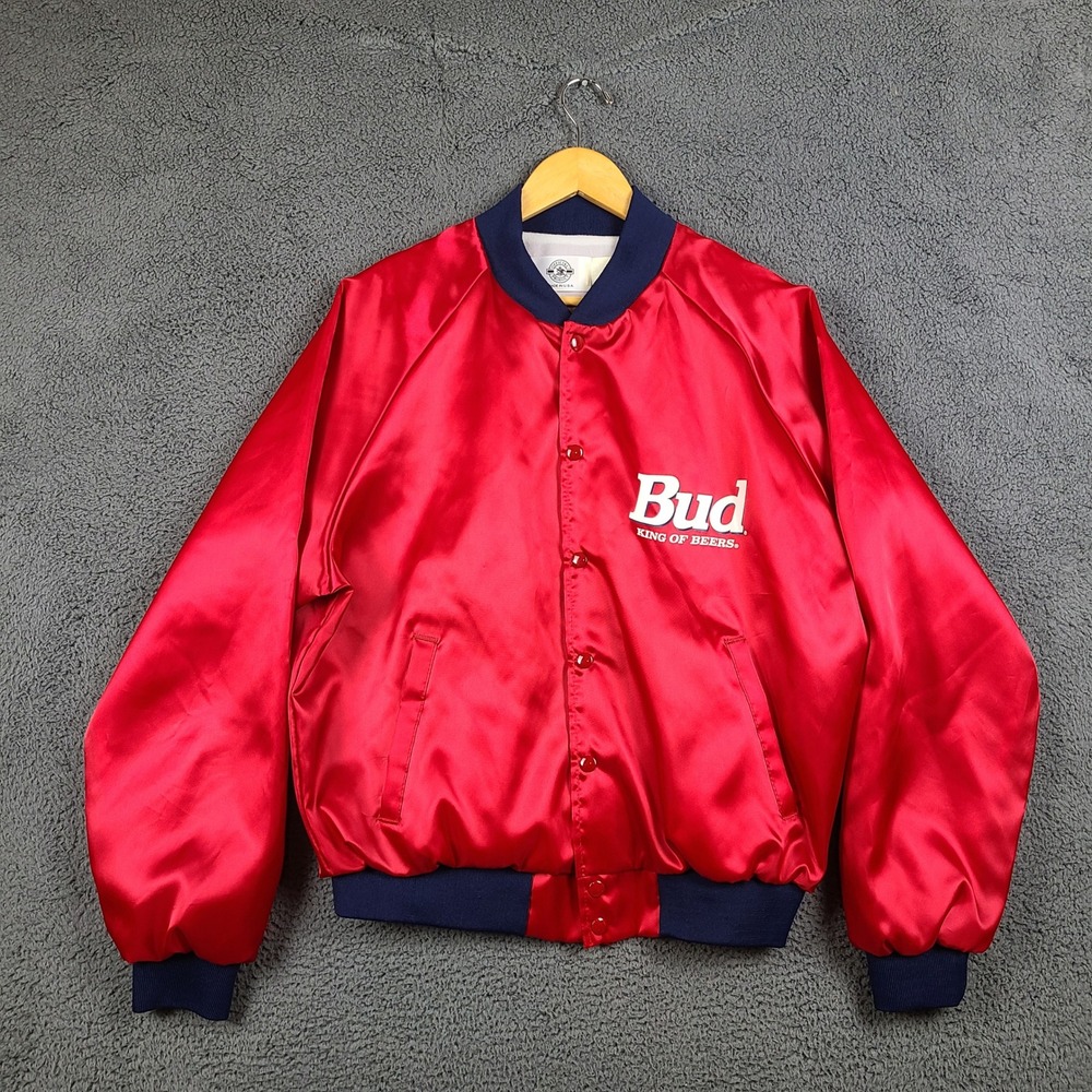 Vintage Budweiser King of Beers Red Satin Bomber Jacket Mens Large USA Made